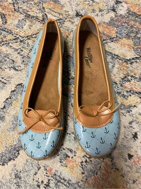 Western Chief Light Blue Anchor Ballet Flats with Tan Trim